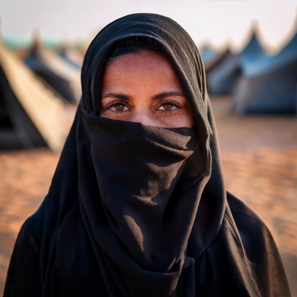 Nahaufnahme einer Frau mit Niqab in einem Flüchtlingslager in der Wüste.