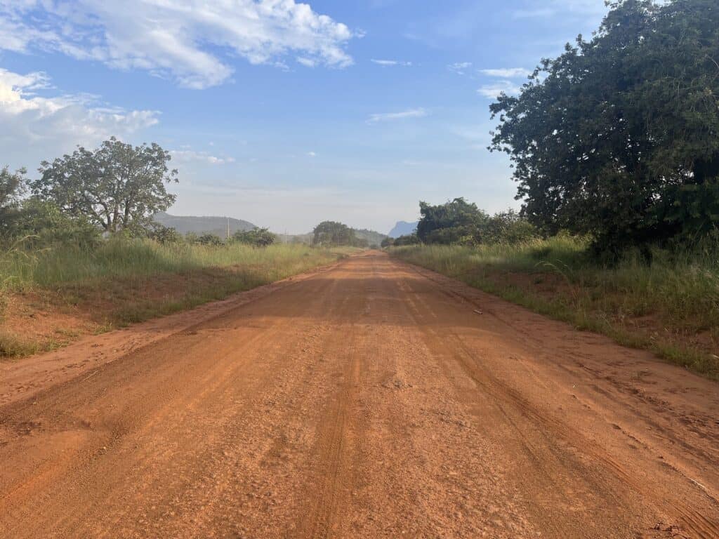 Roter Feldweg, der unter blauem Himmel durch die afrikanische Savanne führt.