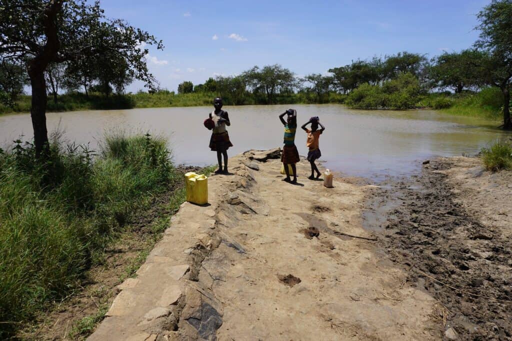 Drei afrikanische Kinder holen mit gelben Kanistern Wasser aus einem Teich.