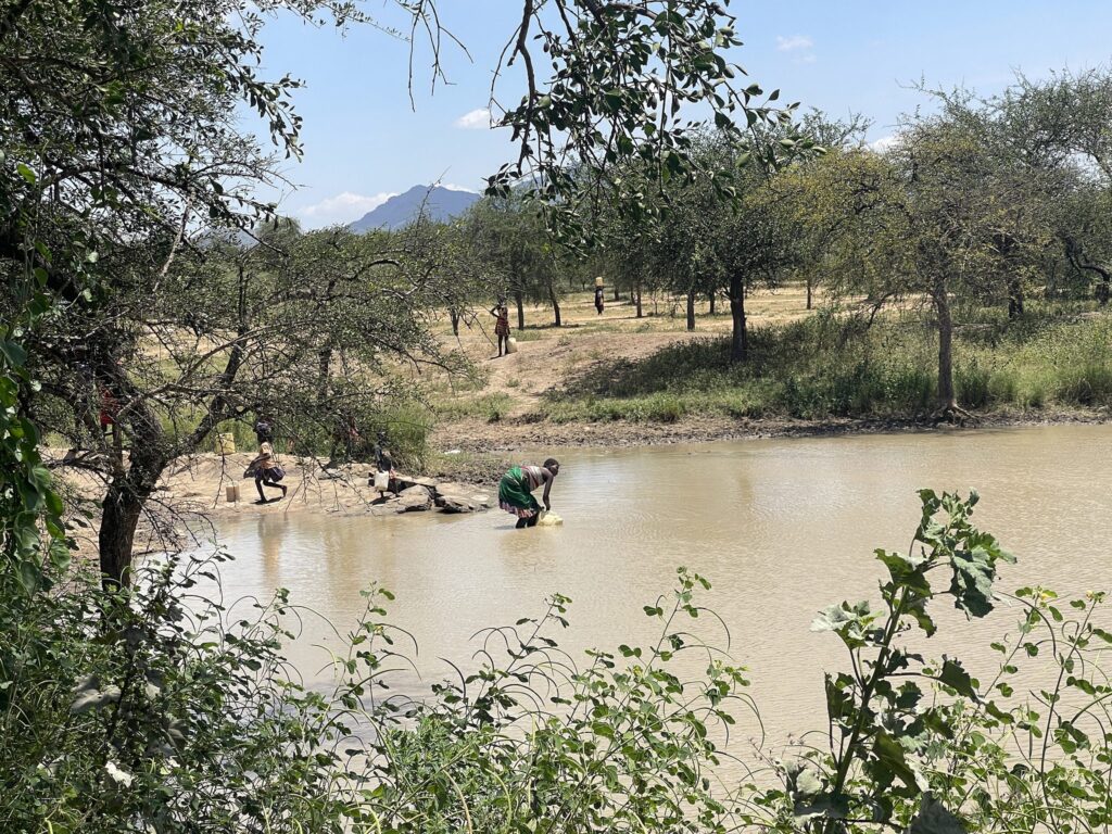 Menschen holen Wasser aus einem schlammigen Teich in einer ländlichen afrikanischen Landschaft.