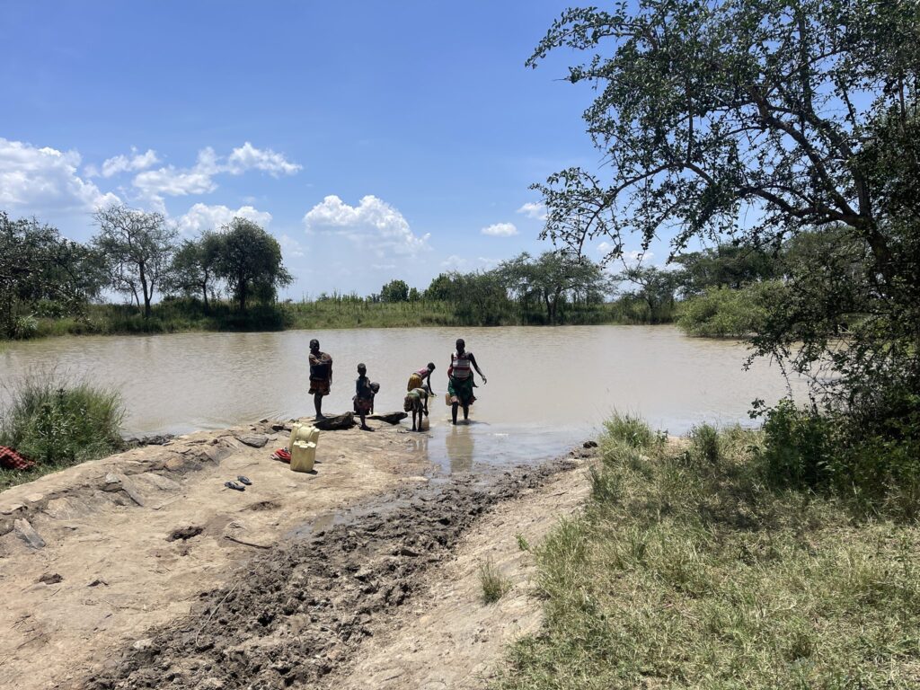 Frauen und Kinder holen Wasser aus einem Teich im ländlichen Afrika.