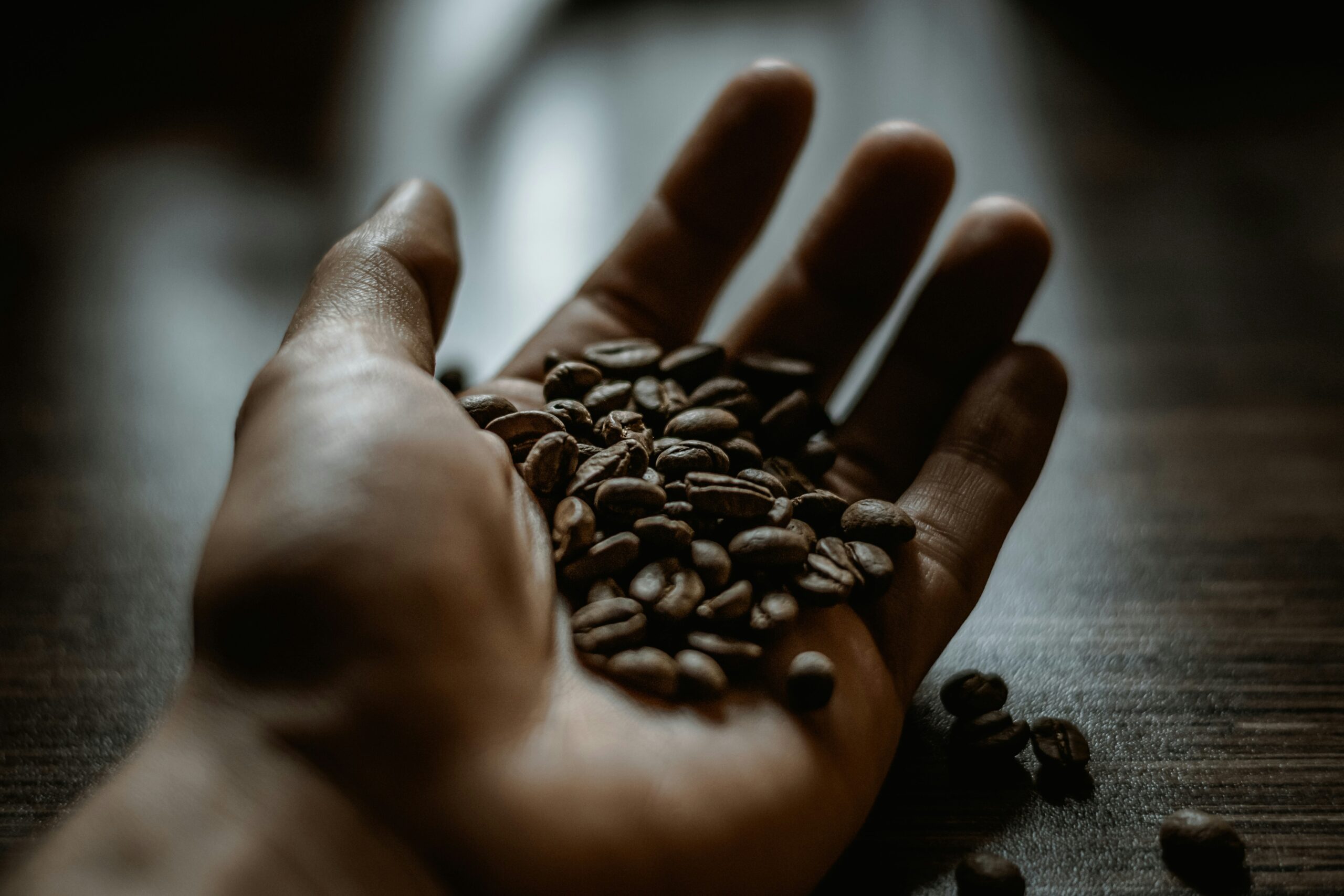Eine Handvoll dunkel geröstete Kaffeebohnen